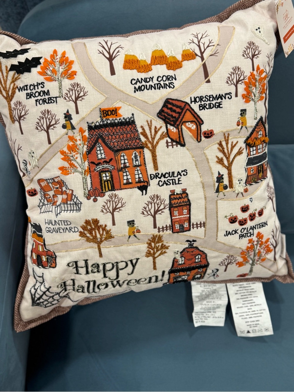 Happy Halloween Embroidered Decorative Pillow - Orange & Cream